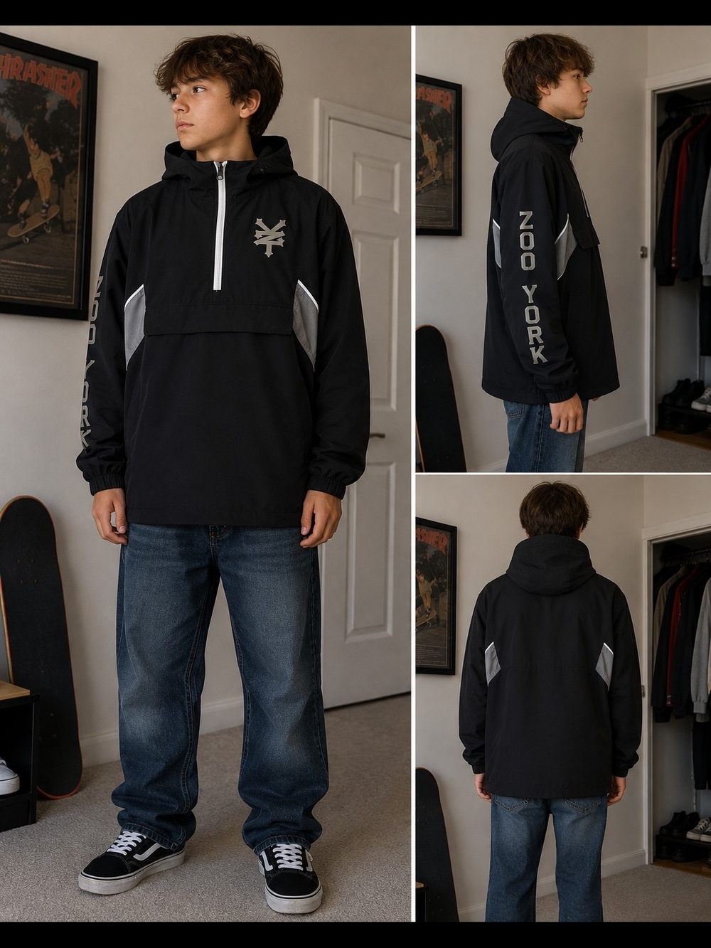 Zoo York Youth Large 14 Black Pullover Anorak Windbreaker Fall Spring Jacket